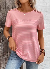 ROTITA Patchwork Striped Dusty Pink Round Neck T Shirt