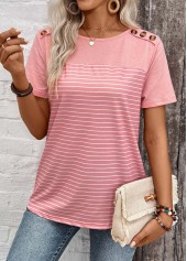 Dusty Pink tops,Striped tops,Geometric tops,ROTITA Patchwork Striped Dusty Pink Round Neck T Shirt