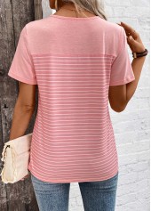 Dusty Pink tops,Striped tops,Geometric tops,ROTITA Patchwork Striped Dusty Pink Round Neck T Shirt