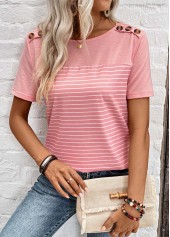 Dusty Pink tops,Striped tops,Geometric tops,ROTITA Patchwork Striped Dusty Pink Round Neck T Shirt