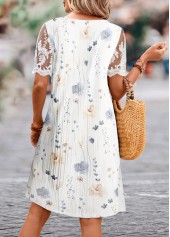 White dresses,Floral dresses,Plants dresses,Everyday dresses,Casual dresses,ROTITA Lace Floral Print White A Line Split Neck Dress