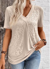 Light Camel tops,Plain Color tops,ROTITA Layered Light Camel V Neck Fake Two Piece Twinset