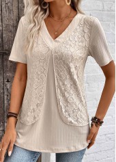 Light Camel tops,Plain Color tops,ROTITA Layered Light Camel V Neck Fake Two Piece Twinset