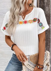 White tops,Plain Color tops,ROTITA Patchwork White Split Neck Short Sleeve Blouse
