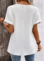White tops,Plain Color tops,ROTITA Patchwork White Split Neck Short Sleeve Blouse