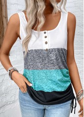 Multi Color tops,Striped tops,Geometric tops,ROTITA Button Striped Multi Color Scoop Neck Sleeveless Tank Top
