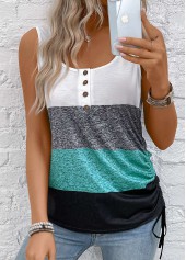 Multi Color tops,Striped tops,Geometric tops,ROTITA Button Striped Multi Color Scoop Neck Sleeveless Tank Top