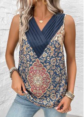 Rotita Patchwork-Tribal-Print blaues ärmelloses Tanktop mit V-Ausschnitt
