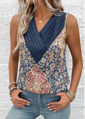 Blue tops,Tribal tops,ROTITA Patchwork Tribal Print Blue V Neck Sleeveless Tank Top