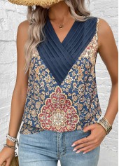 Blue tops,Tribal tops,ROTITA Patchwork Tribal Print Blue V Neck Sleeveless Tank Top