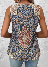 Blue tops,Tribal tops,ROTITA Patchwork Tribal Print Blue V Neck Sleeveless Tank Top