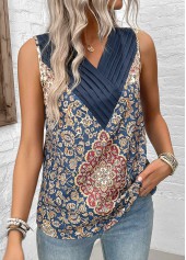 Blue tops,Tribal tops,ROTITA Patchwork Tribal Print Blue V Neck Sleeveless Tank Top