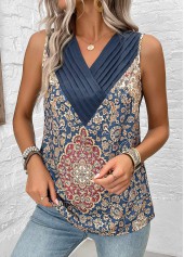 Blue tops,Tribal tops,ROTITA Patchwork Tribal Print Blue V Neck Sleeveless Tank Top