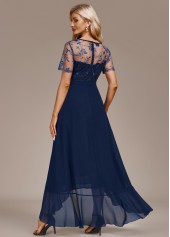 Navy dresses,Plain Color dresses,Party dresses,Elegant dresses,ROTITA Mesh Navy High Low Round Neck Short Sleeve Dress