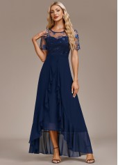 Navy dresses,Plain Color dresses,Party dresses,Elegant dresses,ROTITA Mesh Navy High Low Round Neck Short Sleeve Dress