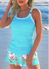 Cyan swimwear,Floral swimwear,Plants swimwear,ROTITA Jacquard Cyan Floral Print Tankini Set