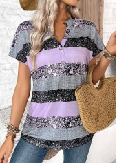 Light Purple tops,Striped tops,Geometric tops,ROTITA Button Striped Light Purple Split Neck Short Sleeve Blouse