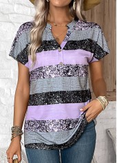 Light Purple tops,Striped tops,Geometric tops,ROTITA Button Striped Light Purple Split Neck Short Sleeve Blouse