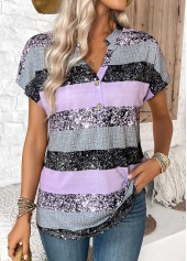 Light Purple tops,Striped tops,Geometric tops,ROTITA Button Striped Light Purple Split Neck Short Sleeve Blouse