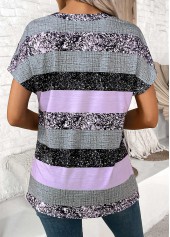Light Purple tops,Striped tops,Geometric tops,ROTITA Button Striped Light Purple Split Neck Short Sleeve Blouse