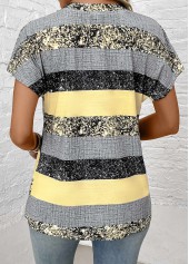 Light Yellow tops,Striped tops,Geometric tops,ROTITA Button Striped Light Yellow Split Neck Short Sleeve Blouse