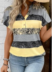 Light Yellow tops,Striped tops,Geometric tops,ROTITA Button Striped Light Yellow Split Neck Short Sleeve Blouse