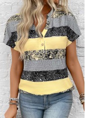 Light Yellow tops,Striped tops,Geometric tops,ROTITA Button Striped Light Yellow Split Neck Short Sleeve Blouse