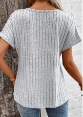 Light Grey Marl tops,Plain Color tops,ROTITA Zipper Light Grey Marl V Neck Short Sleeve Blouse