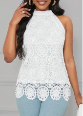 White tops,Plain Color tops,Lace White Halter Sleeveless Camisole Top