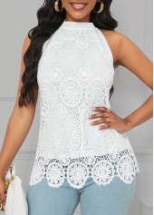 White tops,Plain Color tops,Lace White Halter Sleeveless Camisole Top