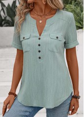 Mint Green tops,Plain Color tops,ROTITA Patchwork Mint Green Split Neck Short Sleeve Blouse