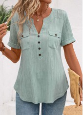 Mint Green tops,Plain Color tops,ROTITA Patchwork Mint Green Split Neck Short Sleeve Blouse