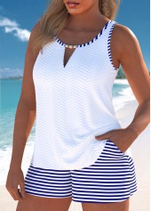 White swimwear,Striped swimwear,Geometric swimwear,ROTITA Cut Out White Striped Tankini Set