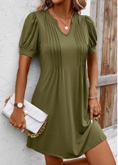 Olive Green dresses,Plain Color dresses,Everyday dresses,Casual dresses,ROTITA Tuck Stitch Olive Green Short Split Neck Dress