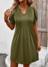 Olive Green dresses,Plain Color dresses,Everyday dresses,Casual dresses,ROTITA Tuck Stitch Olive Green Short Split Neck Dress