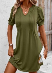 Olive Green dresses,Plain Color dresses,Everyday dresses,Casual dresses,ROTITA Tuck Stitch Olive Green Short Split Neck Dress