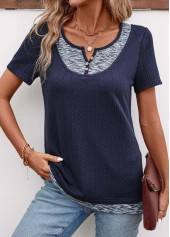 ROTITA Patchwork Navy Split Neck Short Sleeve T Shirt