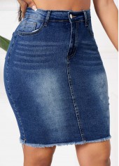 Denim Blue bottoms,Plain Color bottoms,Pocket Button Fly Denim Blue Bodycon Skirt
