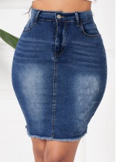 Denim Blue bottoms,Plain Color bottoms,Pocket Button Fly Denim Blue Bodycon Skirt