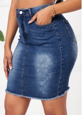 Denim Blue bottoms,Plain Color bottoms,Pocket Button Fly Denim Blue Bodycon Skirt