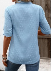 Denim Blue tops,Plain Color tops,ROTITA Button Denim Blue Shirt Collar Half Sleeve Blouse