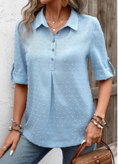 Denim Blue tops,Plain Color tops,ROTITA Button Denim Blue Shirt Collar Half Sleeve Blouse