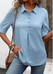 Denim Blue tops,Plain Color tops,ROTITA Button Denim Blue Shirt Collar Half Sleeve Blouse