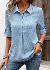 Denim Blue tops,Plain Color tops,ROTITA Button Denim Blue Shirt Collar Half Sleeve Blouse