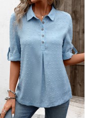 Denim Blue tops,Plain Color tops,ROTITA Button Denim Blue Shirt Collar Half Sleeve Blouse