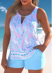 Light Blue swimwear,Floral swimwear,Plants swimwear,ROTITA Cut Out Light Blue Floral Print Tankini Set