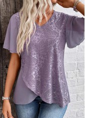 Dusty Purple tops,Plain Color tops,ROTITA Cross Hem Dusty Purple V Neck Short Sleeve Blouse