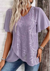 Dusty Purple tops,Plain Color tops,ROTITA Cross Hem Dusty Purple V Neck Short Sleeve Blouse