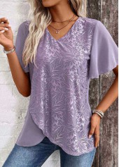 Dusty Purple tops,Plain Color tops,ROTITA Cross Hem Dusty Purple V Neck Short Sleeve Blouse