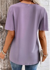 Dusty Purple tops,Plain Color tops,ROTITA Cross Hem Dusty Purple V Neck Short Sleeve Blouse